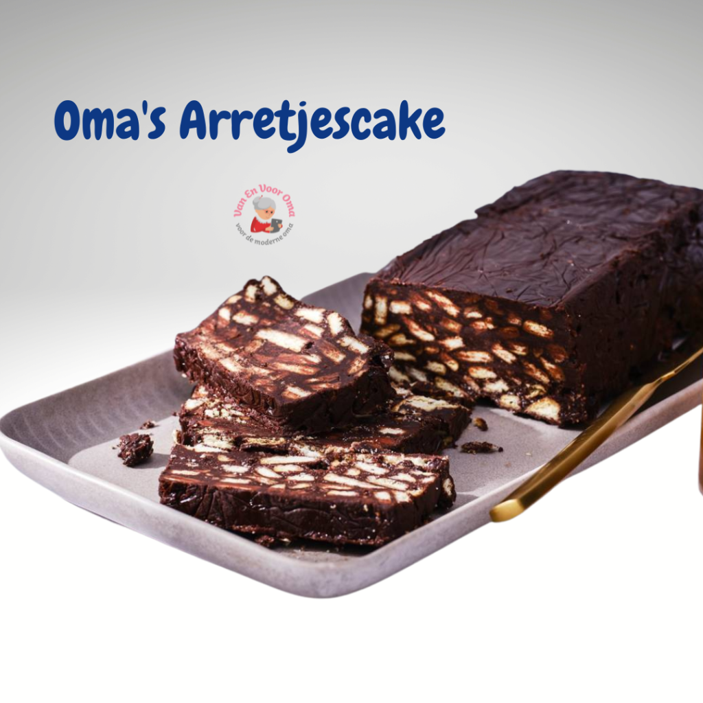 Recept Oma's Arretjescake is een chocoladecake die je niet hoeft te bakken. De cake is een mix van biscuit, boter, suiker, eieren en cacao.