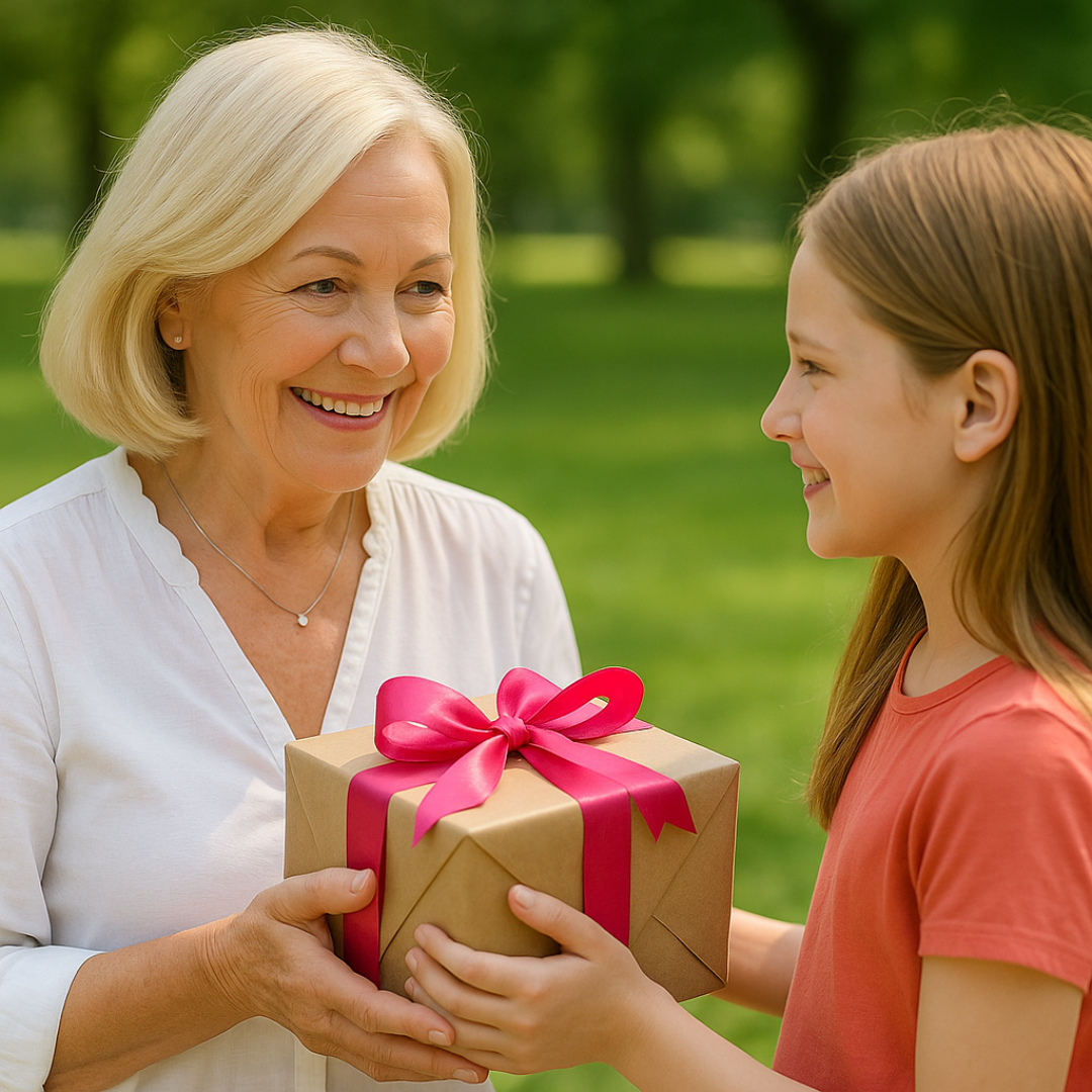 Vrolijke oma ontvangt een ingepakt cadeau van haar kleinkind met een brede glimlach. Het symbool voor de fysieke producten van Van En Voor Oma.