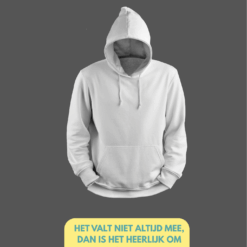 Bonnenboekje‑pagina met een witte hoodie op een grijze achtergrond en de tekst “Het valt niet altijd mee, dan is het heerlijk om even weg te kruipen in een lekkere hoodie.”.