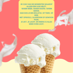 Bonnenboekje‑pagina met twee ijshoorntjes met romig vanille‑ijs en een tekst over momenten waarop alleen een ijsje helpt; bedoeld voor een ijsbon bij de plaatselijke lunchroom.