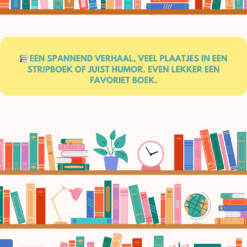 Bonnenboekje‑pagina met kleurrijke boekenkasten en de tekst “Een spannend verhaal, veel plaatjes in een stripboek of juist humor. Even lekker een favoriet boek.”.