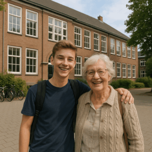 Brugklas start – een jongen en zijn oma lachen samen voor de school.