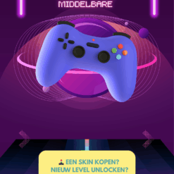 Bonnenboekje-pagina met paarse gamecontroller en de tekst “Samen op de middelbare” en “Een skin kopen? Nieuw level unlocken? Deze bon is puur voor speelplezier.”.
