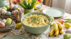 Romige eiersalade met bieslook op een feestelijke paasbrunch tafel