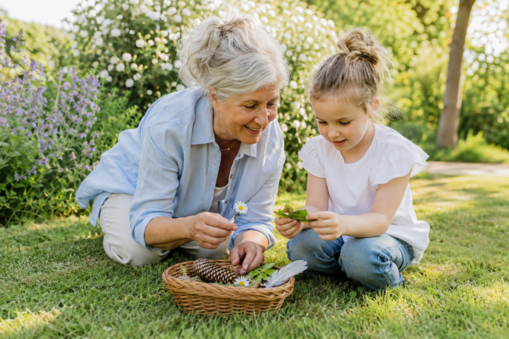 Oma en kleinkind ontdekken samen bloemen, bladeren en andere natuurschatten tijdens een oppasdag buiten.