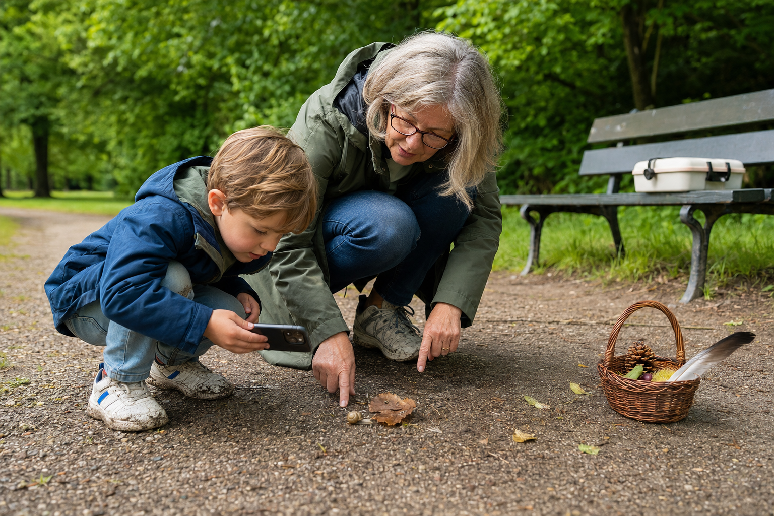 Oma en kleinkind fotograferen samen een slak tijdens een natuurspeurtocht.