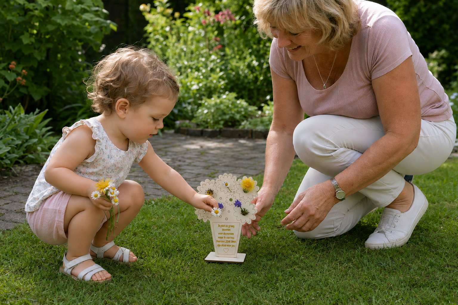 Oma en kleinkind vullen samen de houten bloempot voor oma met geplukte bloemen.