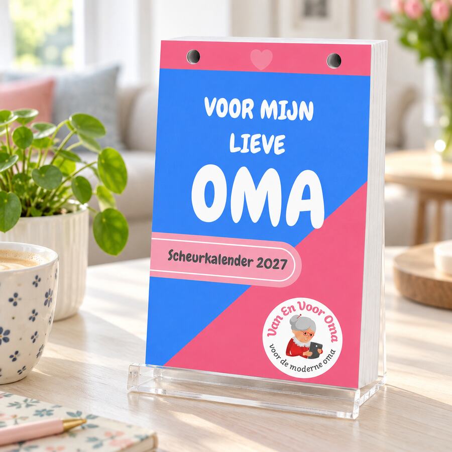 Van En Voor Oma Scheurkalender 2027 op standaard in een lichte woonkamer