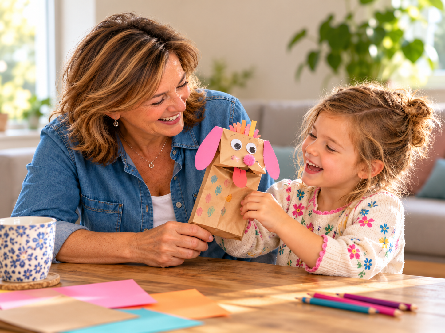 Oma en kleinkind lachen samen om een zelfgeknutseld papieren hondje aan de keukentafel.